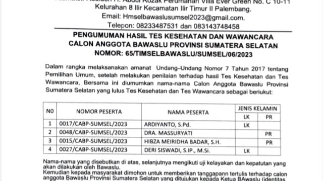 Ini Nama 4 Besar Calon Anggota Bawaslu Provinsi Sumsel Lolos Seleksi Kesehatan dan Wawancara