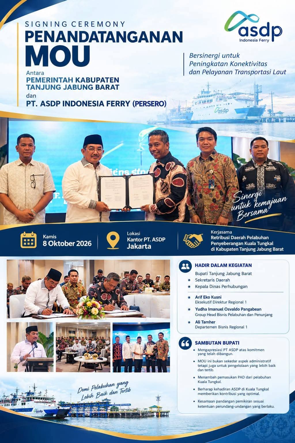 Pemkab Tanjab Barat dan ASDP Teken MoU Kerja Sama Retribusi Pelabuhan Penyeberangan Kuala Tungkal